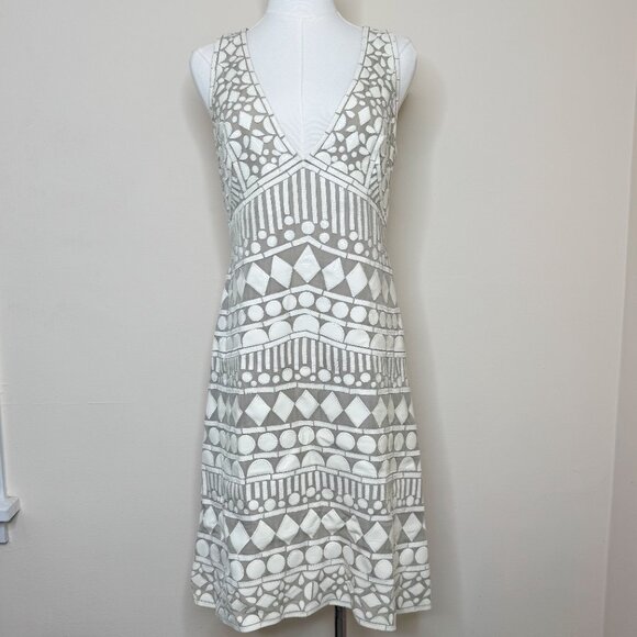 Naeem Khan Silk & Leather Patchwork Appliqué Mini Dress White and Tan Size 8 - Picture 12 of 13